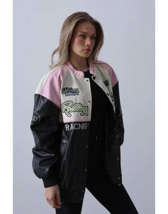 Motorcu Biker Ceket - Siyah-Pembe-Ekru