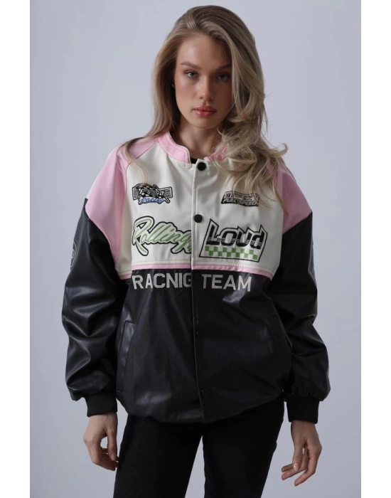 Motorcu Biker Ceket - Siyah-Pembe-Ekru