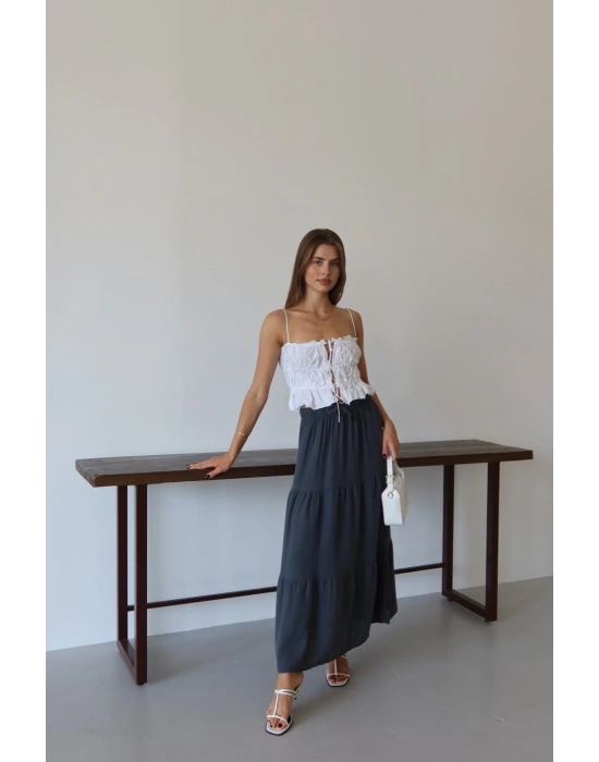 Müslin kumaş keten uzun etek antrasit pt