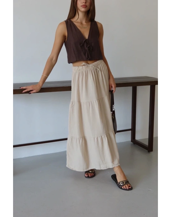 Müslin kumaş keten uzun etek bej pt