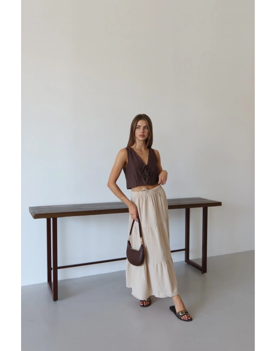 Müslin kumaş keten uzun etek bej pt