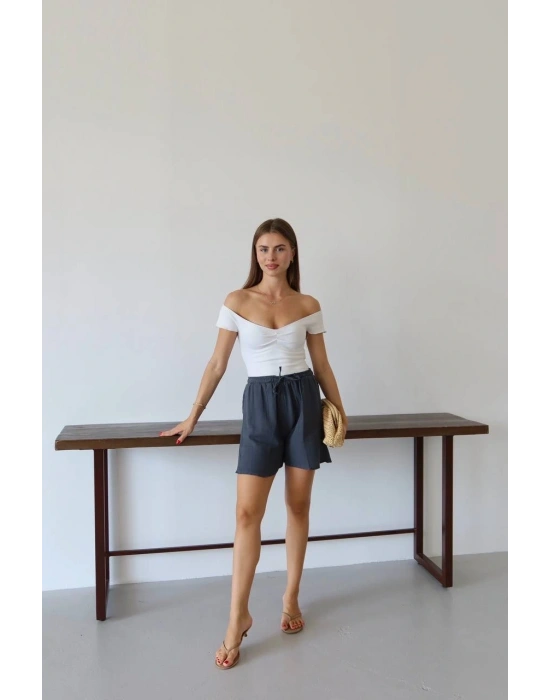 Müslin kumaş şort bağcıklı antrasit pt