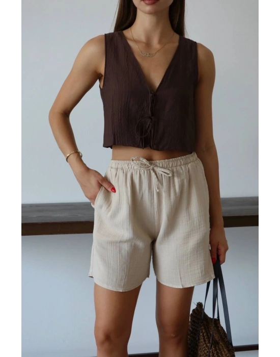 Müslin kumaş şort bağcıklı bej pt