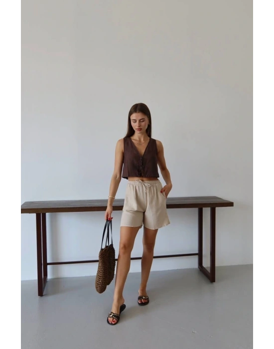 Müslin kumaş şort bağcıklı bej pt