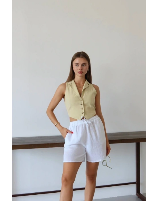 Müslin kumaş şort bağcıklı beyaz pt