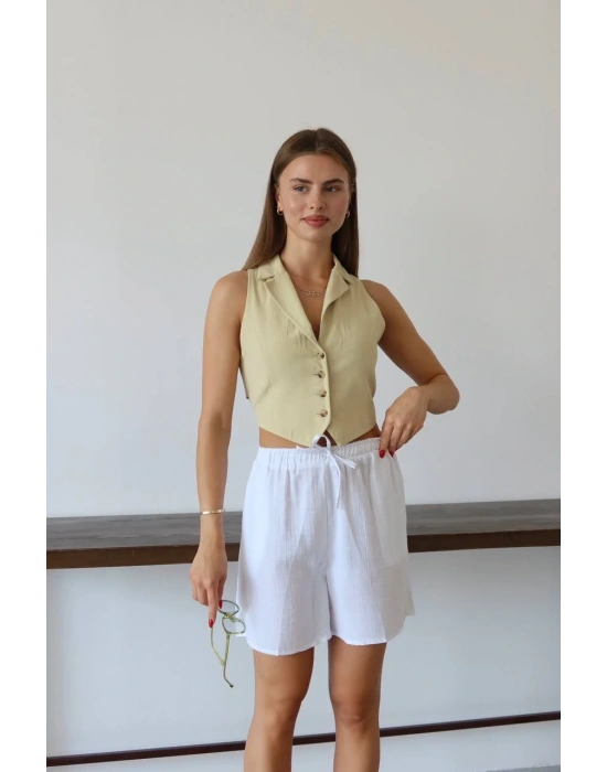 Müslin kumaş şort bağcıklı beyaz pt