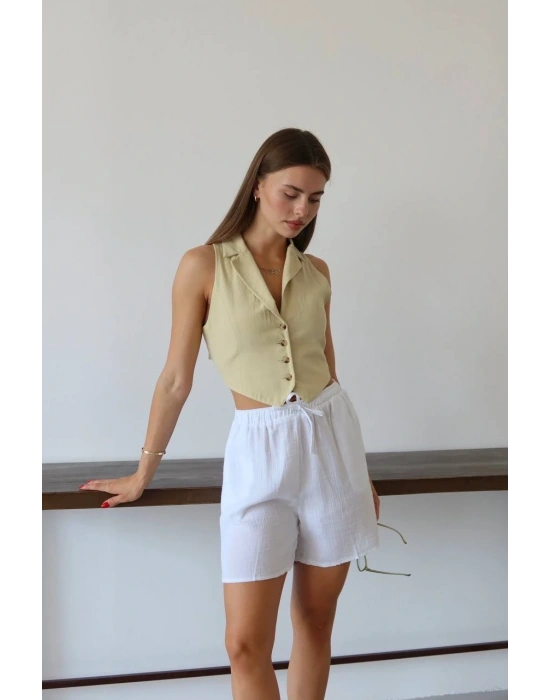 Müslin kumaş şort bağcıklı beyaz pt