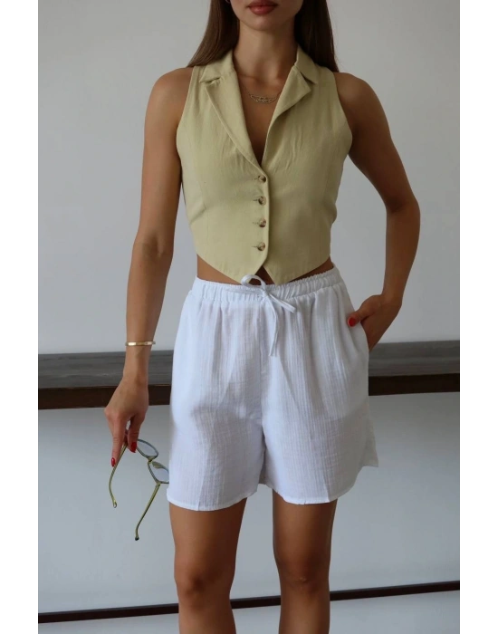 Müslin kumaş şort bağcıklı beyaz pt