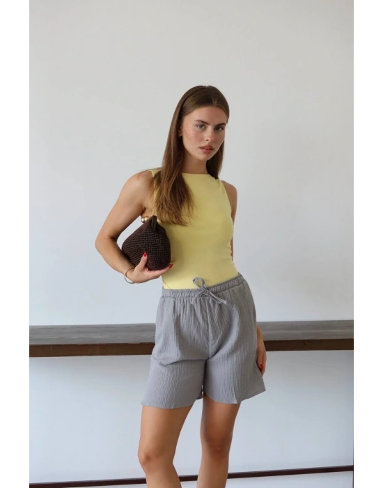 Müslin kumaş şort bağcıklı gri pt