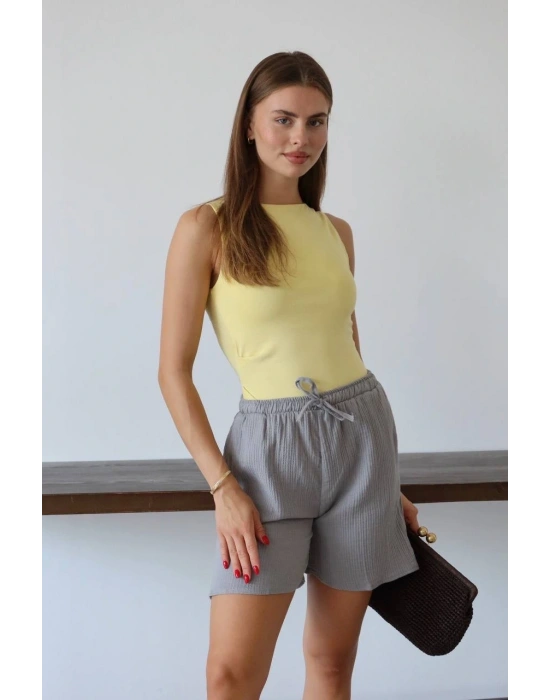 Müslin kumaş şort bağcıklı gri pt
