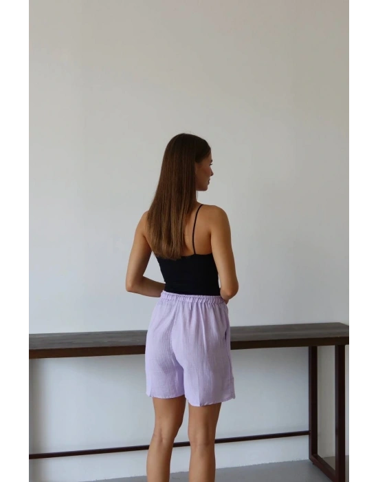 Müslin kumaş şort bağcıklı lila pt