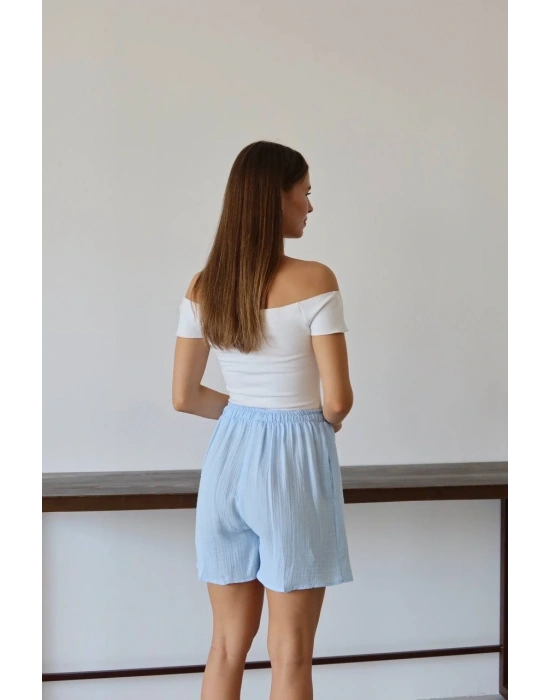 Müslin kumaş şort bağcıklı mavi pt