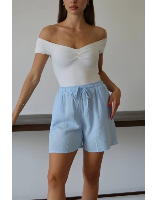 Müslin kumaş şort bağcıklı mavi pt