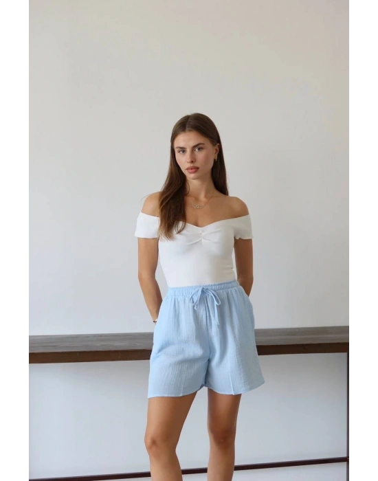 Müslin kumaş şort bağcıklı mavi pt