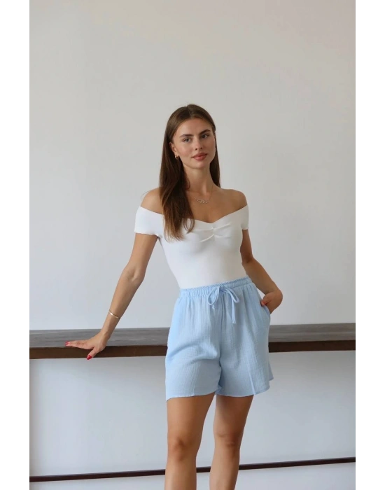 Müslin kumaş şort bağcıklı mavi pt