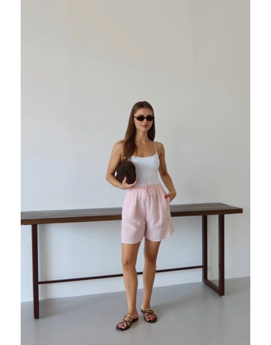 Müslin kumaş şort bağcıklı pembe pt