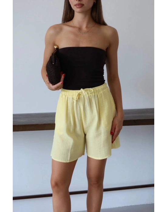Müslin kumaş şort bağcıklı sarı pt