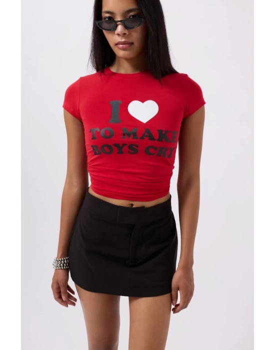 Nakış Detay Baskılı Crop T-Shirt