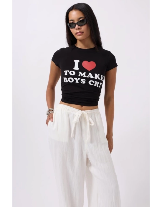 Nakış Detay Baskılı Crop T-Shirt