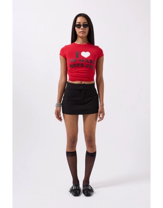 Nakış Detay Baskılı Crop T-Shirt