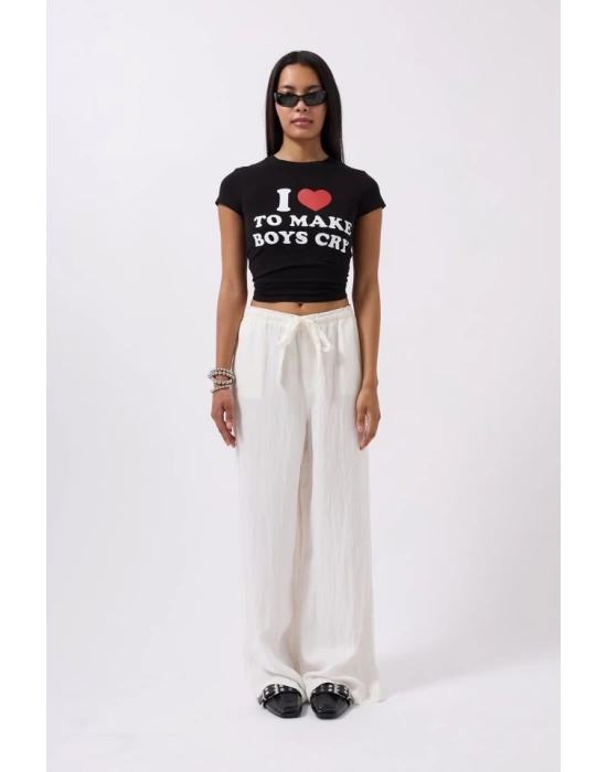 Nakış Detay Baskılı Crop T-Shirt