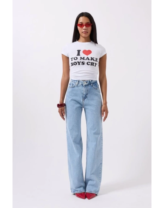 Nakış Detay Baskılı Crop T-Shirt