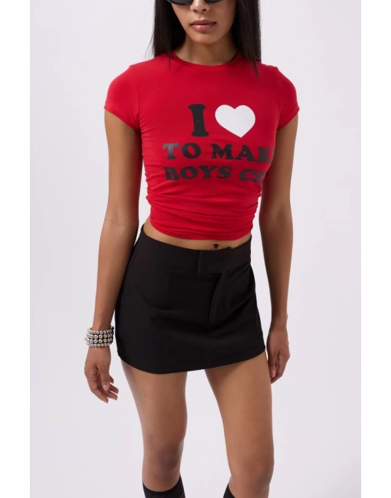 Nakış Detay Baskılı Crop T-Shirt