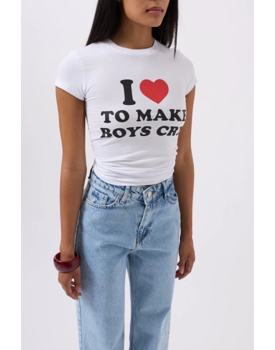 Nakış Detay Baskılı Crop T-Shirt