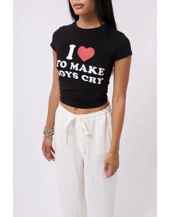Nakış Detay Baskılı Crop T-Shirt