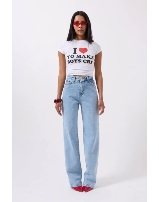 Nakış Detay Baskılı Crop T-Shirt