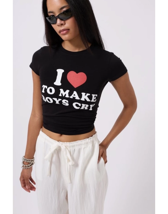 Nakış Detay Baskılı Crop T-Shirt