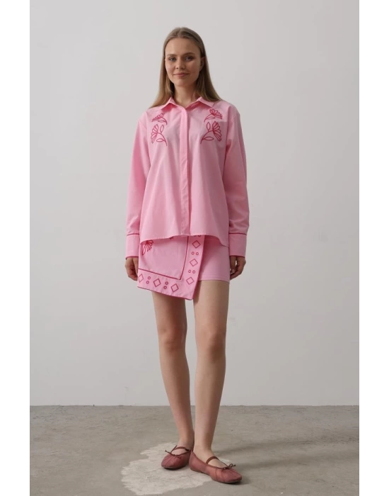 Nakış Detaylı Etekli Takım - Pembe
