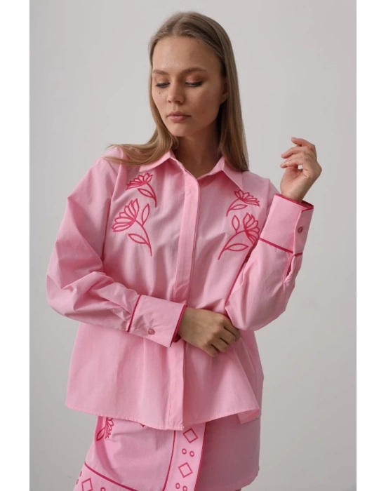 Nakış Detaylı Etekli Takım - Pembe