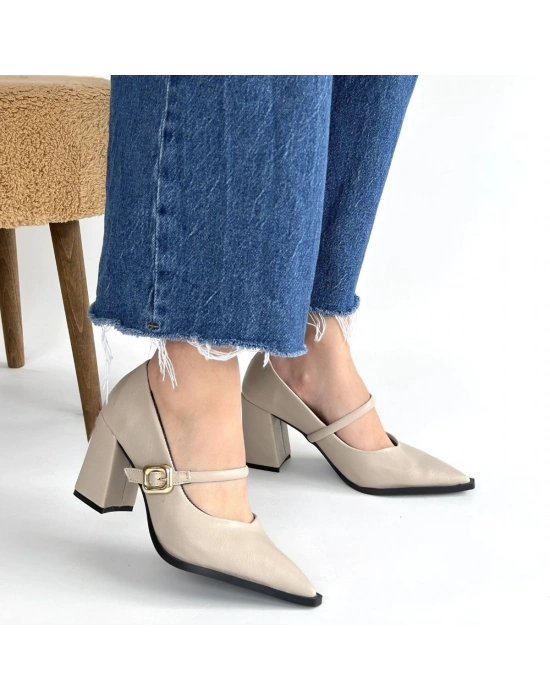 Nıvra Bej Cilt Topuklu Ayakkabı