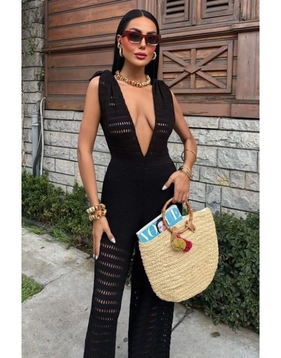 Omuz Büzgülü Ajurlu Triko Tulum 2872