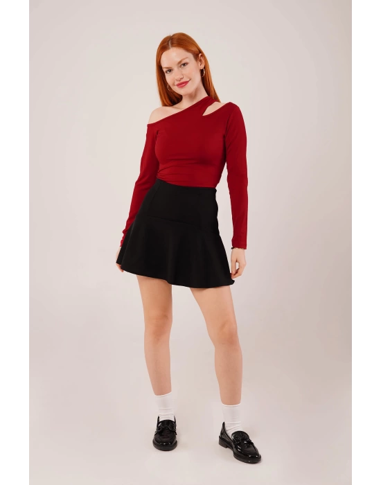 Omuz Dekolte Detaylı Bordo Bluz