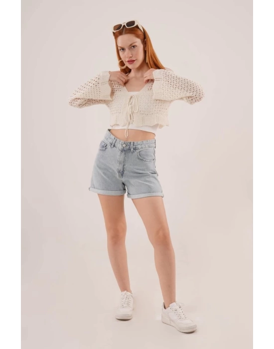 Ön Bağlamalı Ajurlu Crop Krem Hırka