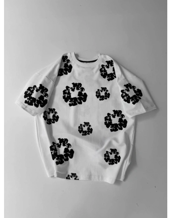 Ön Ve Arka Baskılı Oversize Bisiklet Yaka T-shirt- Beyaz