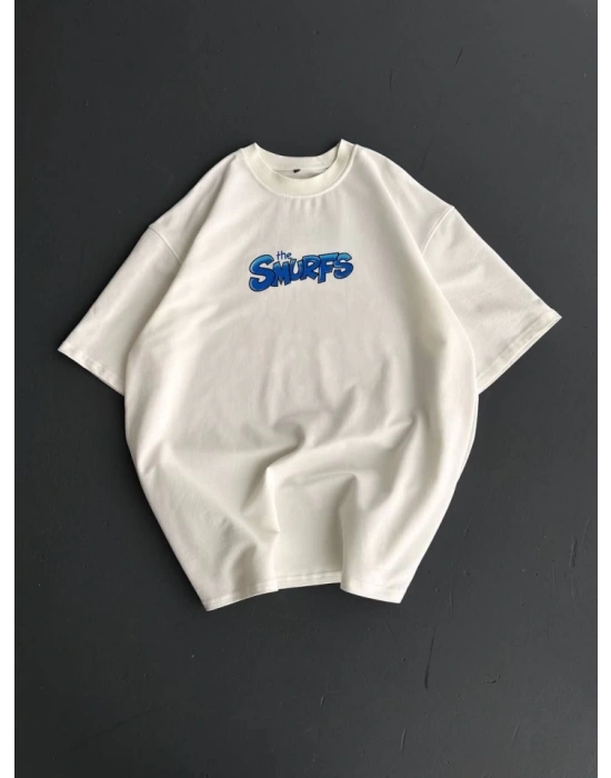 Ön Ve Arka Baskılı Oversize Bisiklet Yaka T-shirt- Beyaz