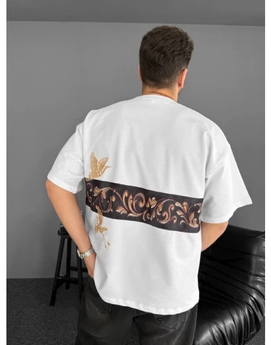 Ön Ve Arka Baskılı Oversize Bisiklet Yaka T-shirt - Beyaz