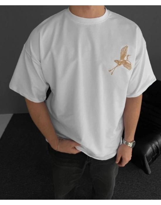 Ön Ve Arka Baskılı Oversize Bisiklet Yaka T-shirt - Beyaz