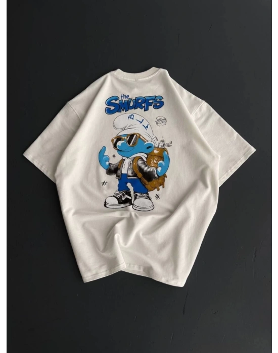 Ön Ve Arka Baskılı Oversize Bisiklet Yaka T-shirt- Beyaz