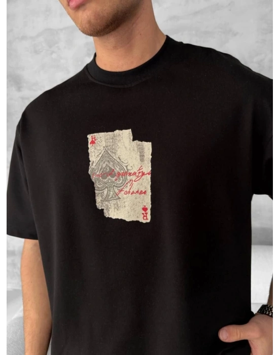 Ön Ve Arka Baskılı Oversize Bisiklet Yaka T-shirt - Siyah