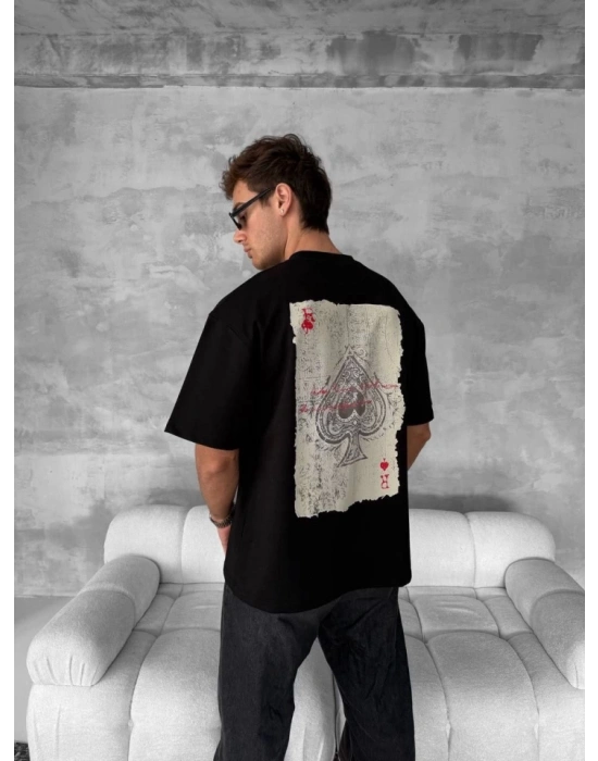 Ön Ve Arka Baskılı Oversize Bisiklet Yaka T-shirt - Siyah