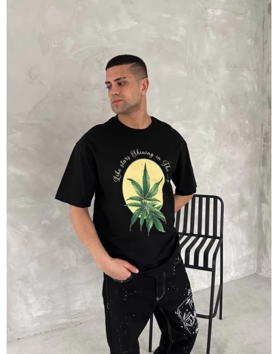 Ön Ve Arka Baskılı Oversize Bisiklet Yaka T-shirt- Siyah