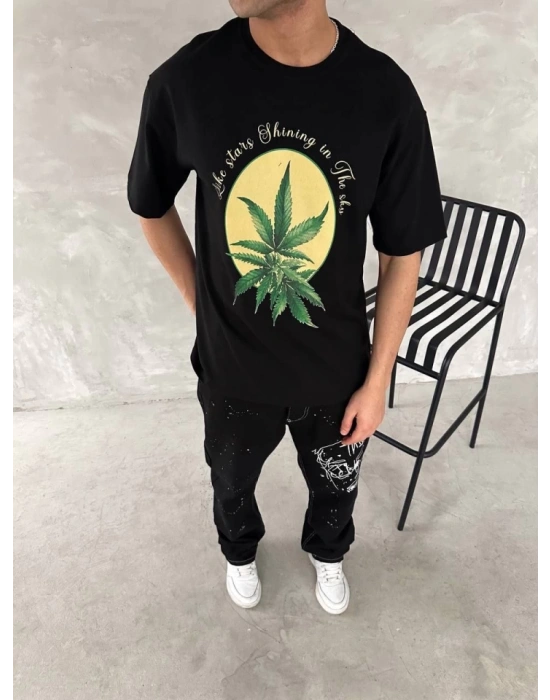 Ön Ve Arka Baskılı Oversize Bisiklet Yaka T-shirt- Siyah