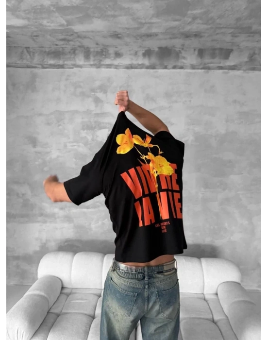 Ön Ve Arka Baskılı Oversize Bisiklet Yaka T-shirt- Siyah