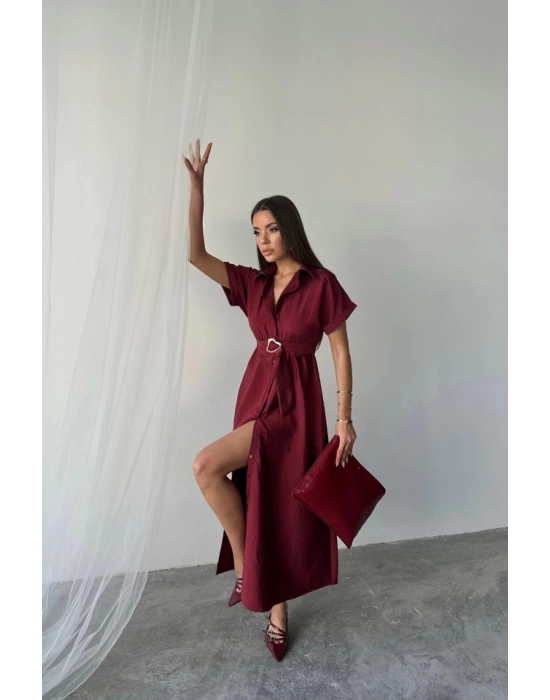 ÖNDEN DÜĞMELİ CRUSHLI MODAL ELBİSE - Bordo