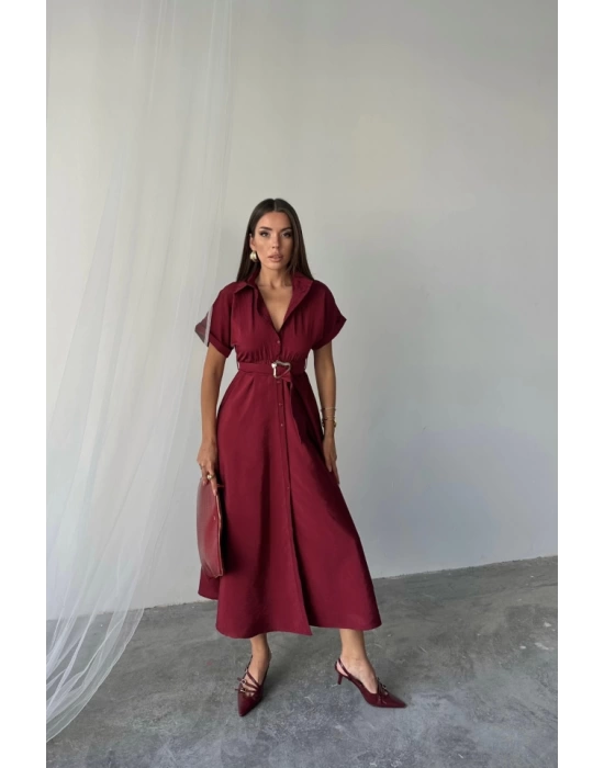 ÖNDEN DÜĞMELİ CRUSHLI MODAL ELBİSE - Bordo