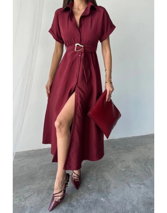 ÖNDEN DÜĞMELİ CRUSHLI MODAL ELBİSE - Bordo